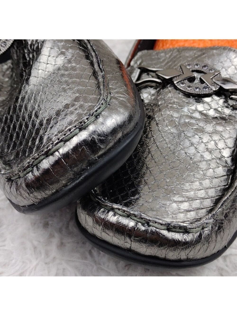 Bellini Abagail Silver Metallic Snakeskin Design Square Toe Low Wedged Heel Shoe - Picture 14 of 16